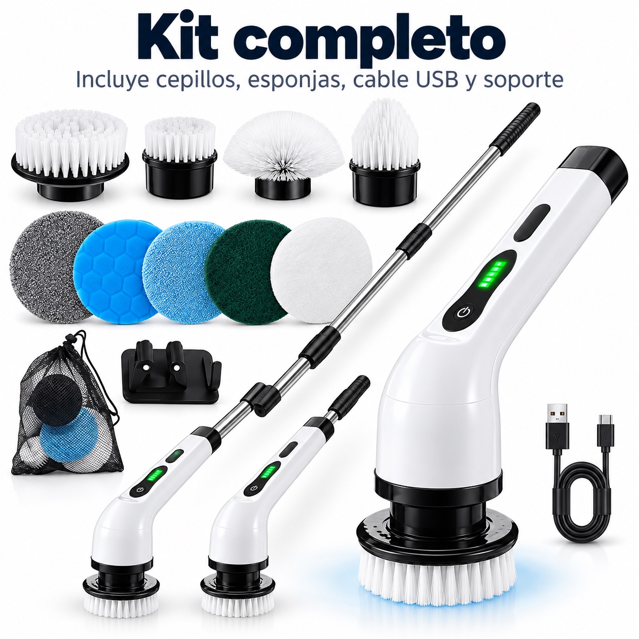 TurboClean 9 — kit completo con los 9 cabezales, mango extensible y cable USB